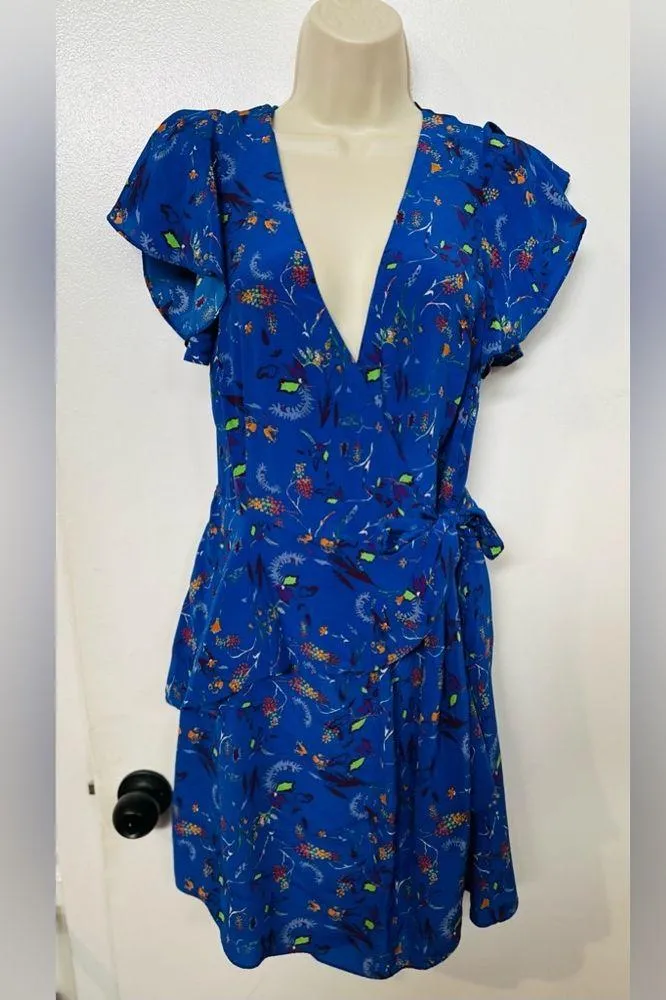 Tanya Taylor Womens  Madelina  Silk Wrap Dress Size 8 Blue Floral Print Ruffles - Image 4