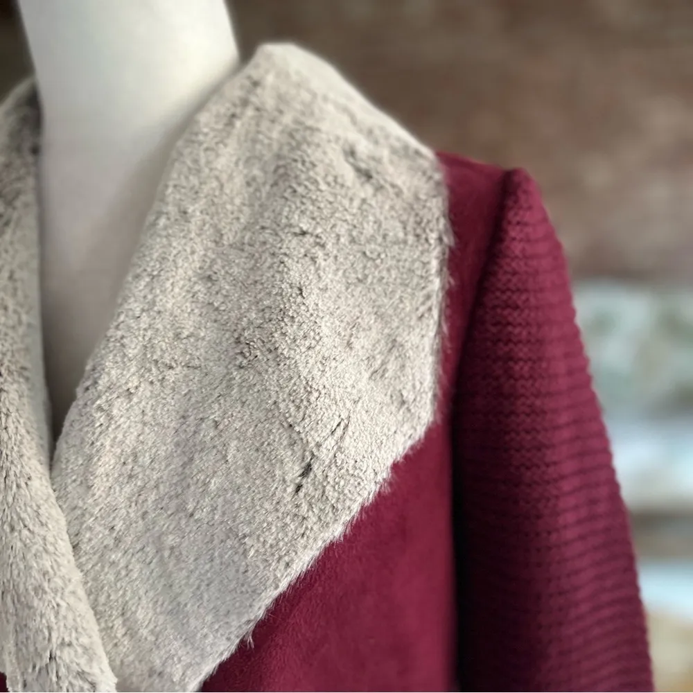 BNCI by Blanc Noir Jacket Plum Faux Suede Fur S Chic Winter Knit Sleeve Purple - Image 5