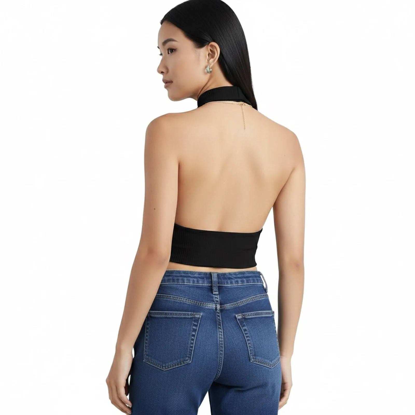 NWT Ribbed Halter Cutout Crop Top Womens M Black Cotton Going Out Clean Girl Size M - Image 2