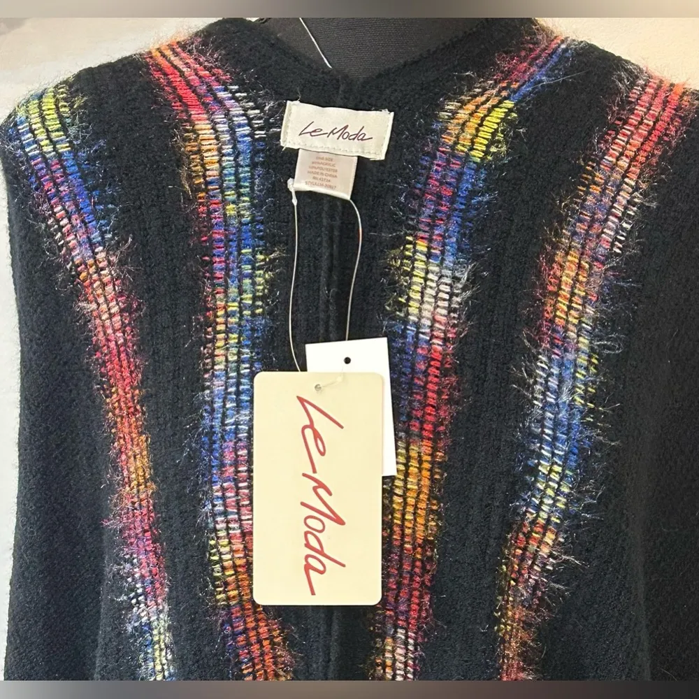 NWT Le Moda Black/Multicolor Windowpane Trim Poncho One Size Black Size undefined - Image 11