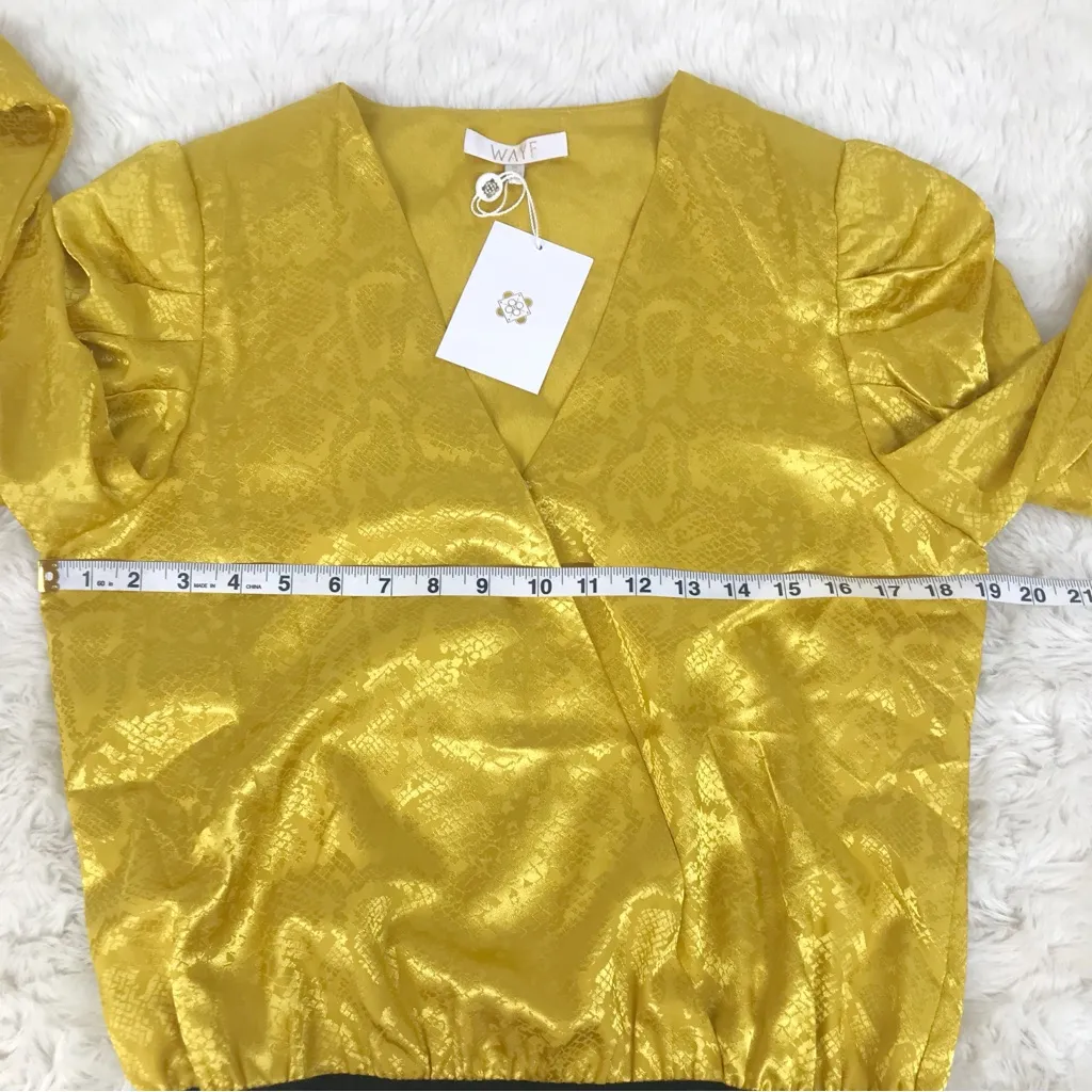 WAYF Sav Yellow Gold Snake Print Bodysuit Low Cut Long Puff‎ Sleeve Medium New - Image 14