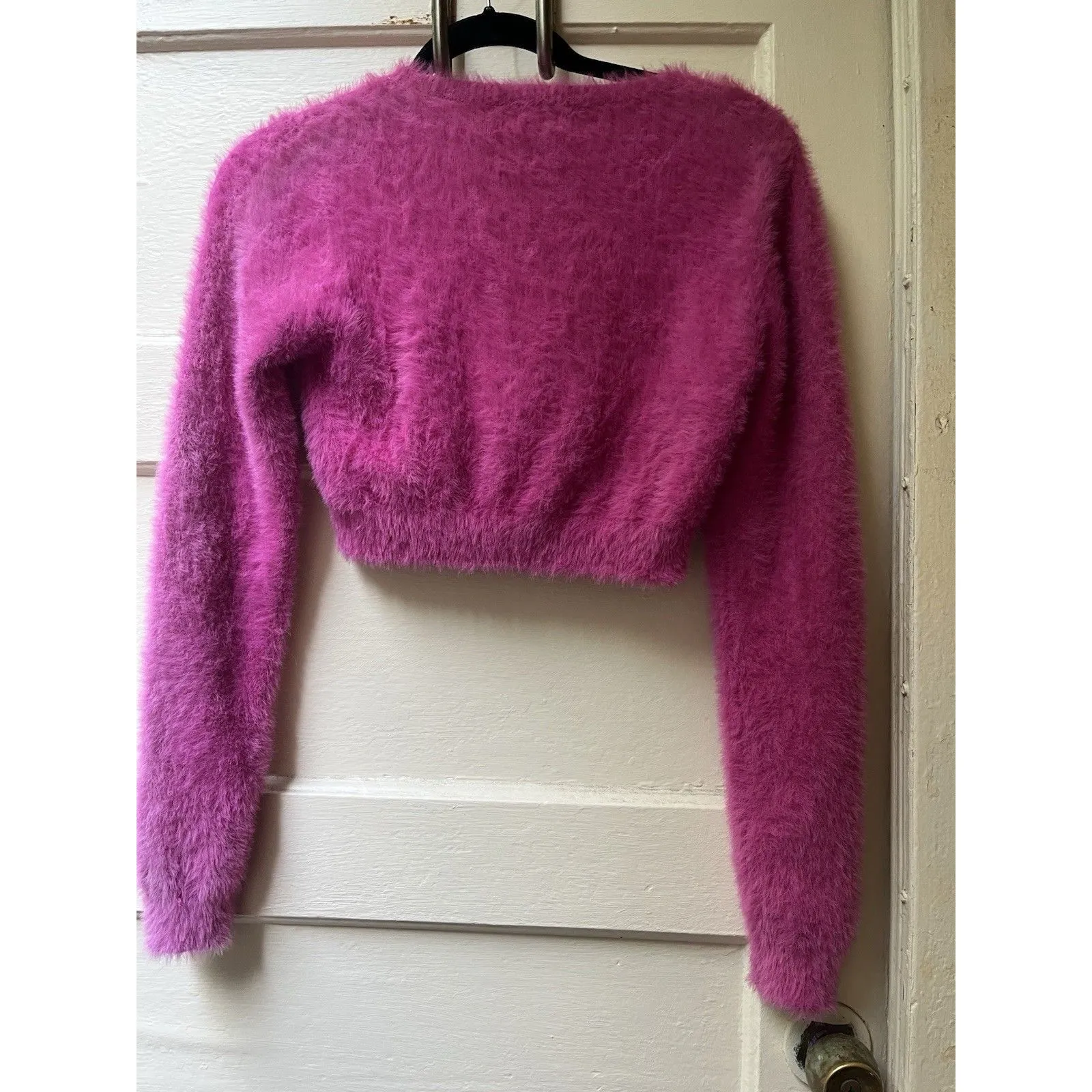 Edikted Cropped Fuzzy Sweater S Hot Pink Heart Barbie Festival Boho Small Flaw - Image 2