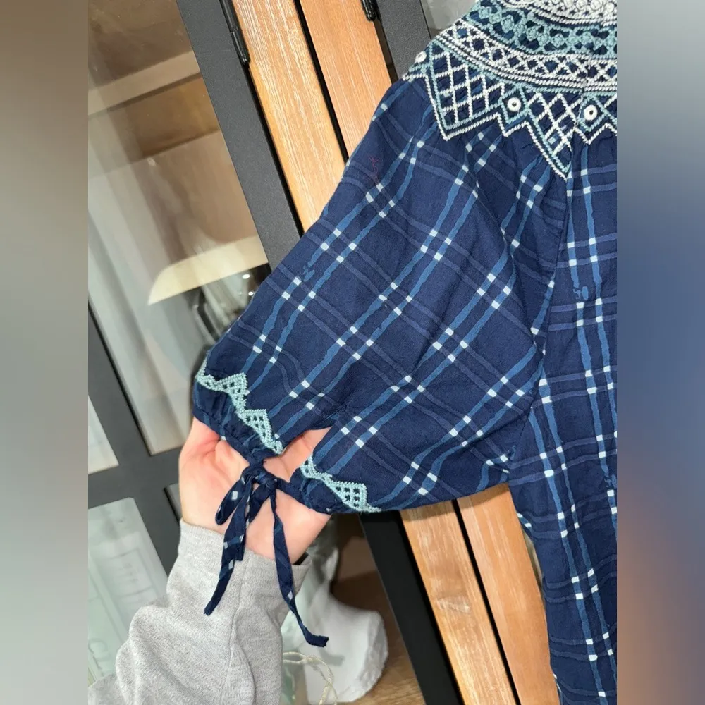 Madewell Embroidered Puff short Sleeve Babydoll Dress Indigo Plaid navy pockets - Image 6