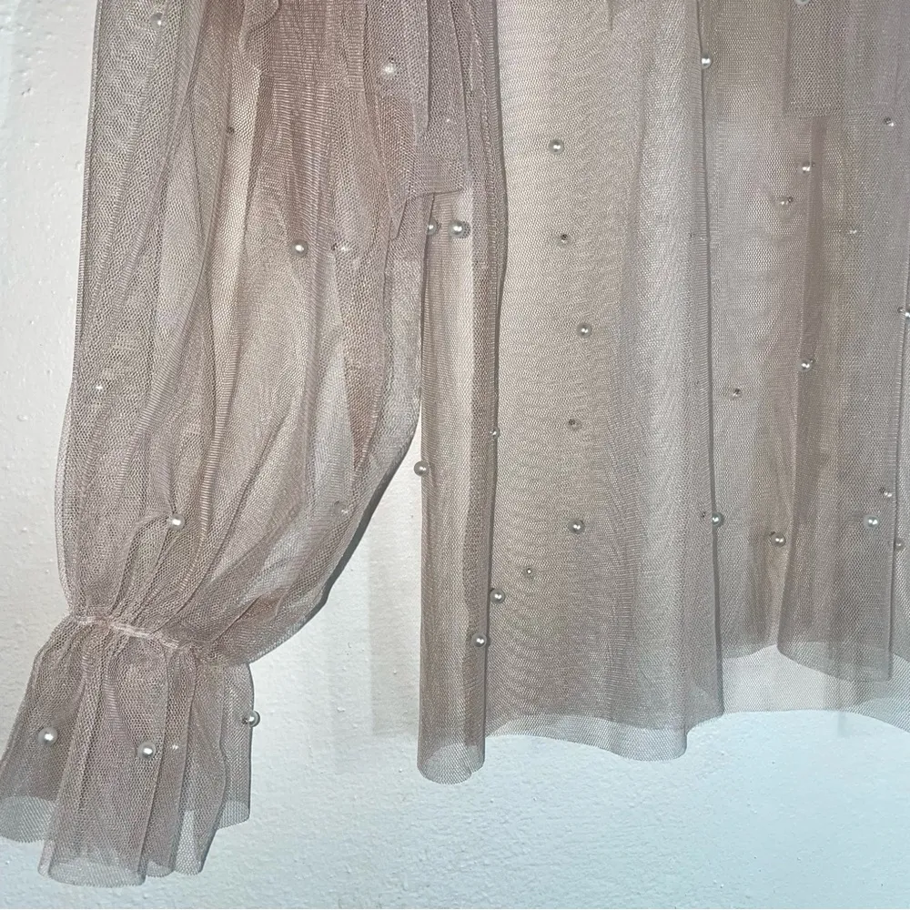 Fashion Leader L Tan Mesh Top Pearl Beaded Long Ruffle Sleeves Size L - Image 3