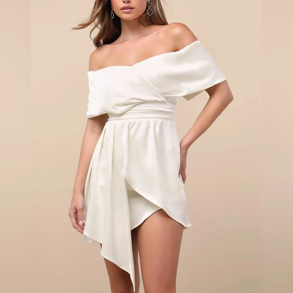 Lulu's NWT Always Celebrating Ivory Satin Off-the-Shoulder Mini Dress Size Small - Image 3