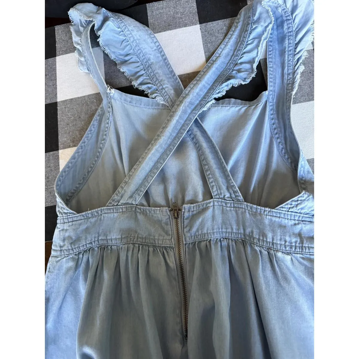 True Craft Light Blue Denim Chambray Midi Dress with Ruffle Straps - Image 5