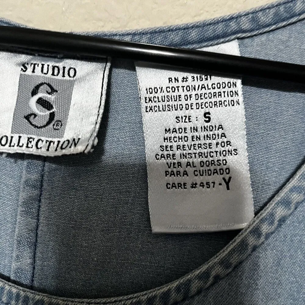 VTG 90'S Denim DRESS JUMPER Embroidered Safari animals Midi sz Small - Image 5