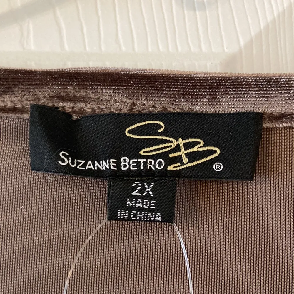 Suzanne Betro Brown Velvet Open Cardigan with Lace Trim two front pockets 2X - Image 6