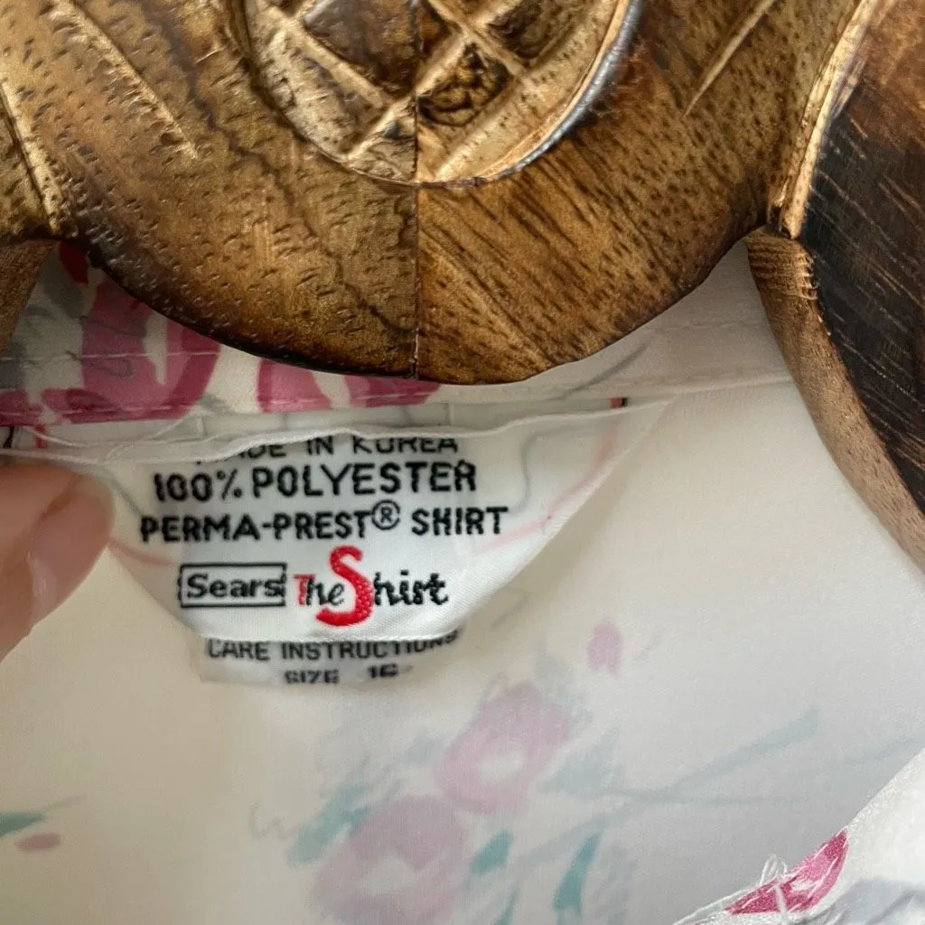 Vintage 70s Sears Perma Prest Polyester Floral Print Button Shirt L Pink Size L - Image 5