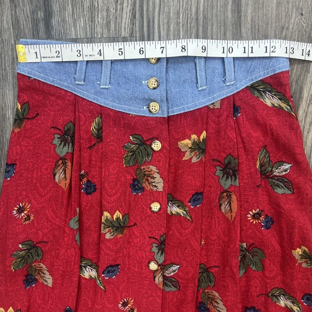 New Look Petites Vintage Long Button Front Skirt Red Floral Print Size Medium - Image 2