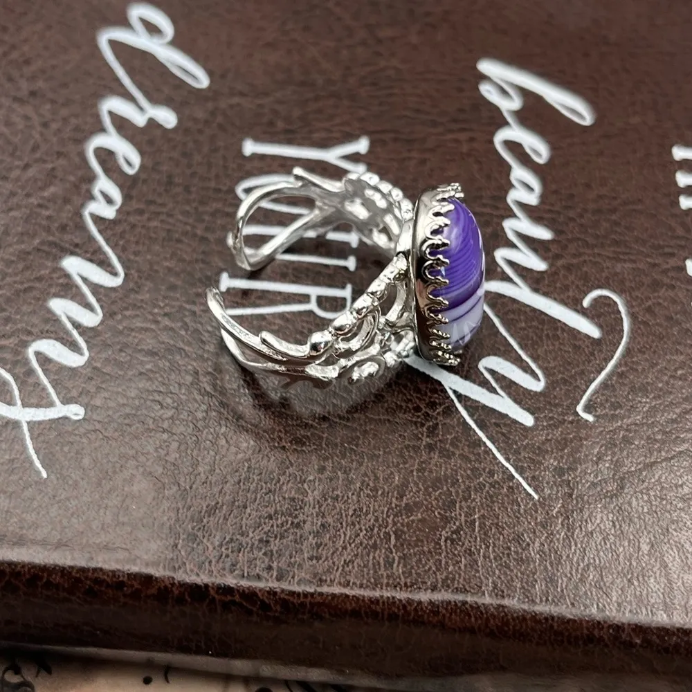 Handcrafted Purple Striped Glass Oval Cabochon Silver Stainless Steel Ring - Image 3