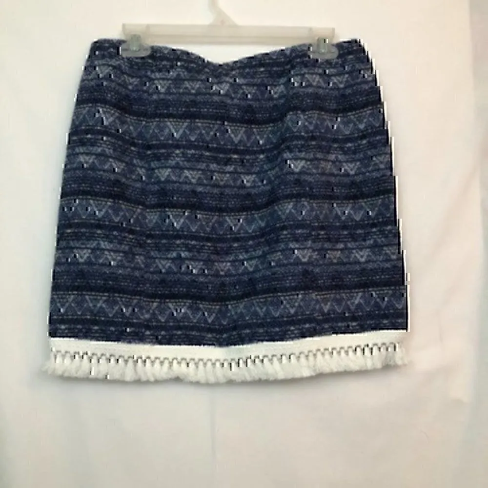 NEW NWT MICHAEL KORS Blue Tweed Chevron 100% Cotton Boho Winter Fringe Skirt 8 - Image 7