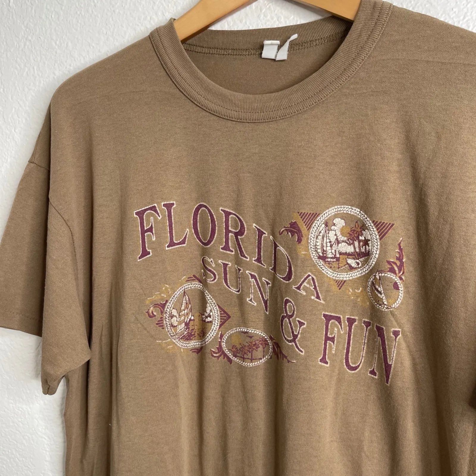 Vintage 90s Florida Sun and Fun Graphic T Shirt Tan Short Sleeve Travel Women's Brown Size M - Image 2