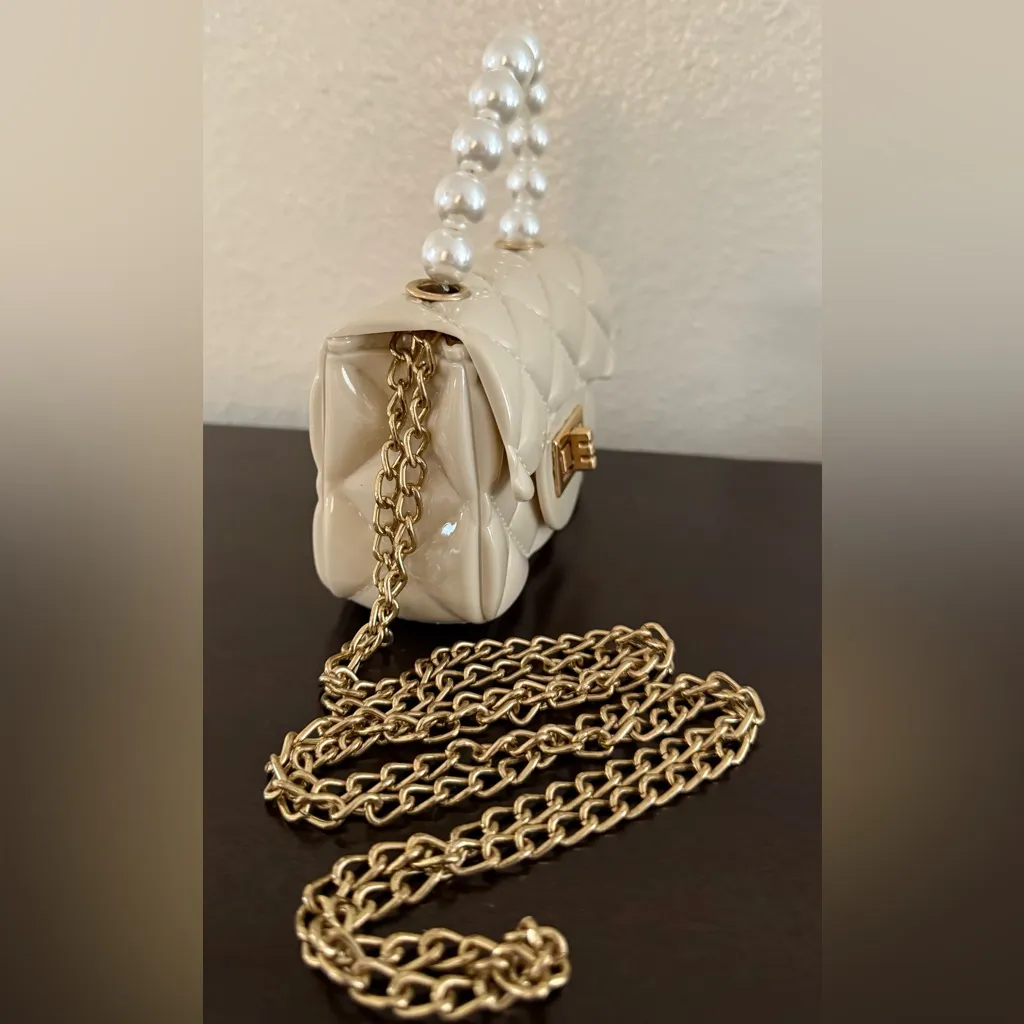 🤍 Cream Quilted Mini Micro Bag | Pearl Handle Crossbody | Elegant Purse Gold - Image 2