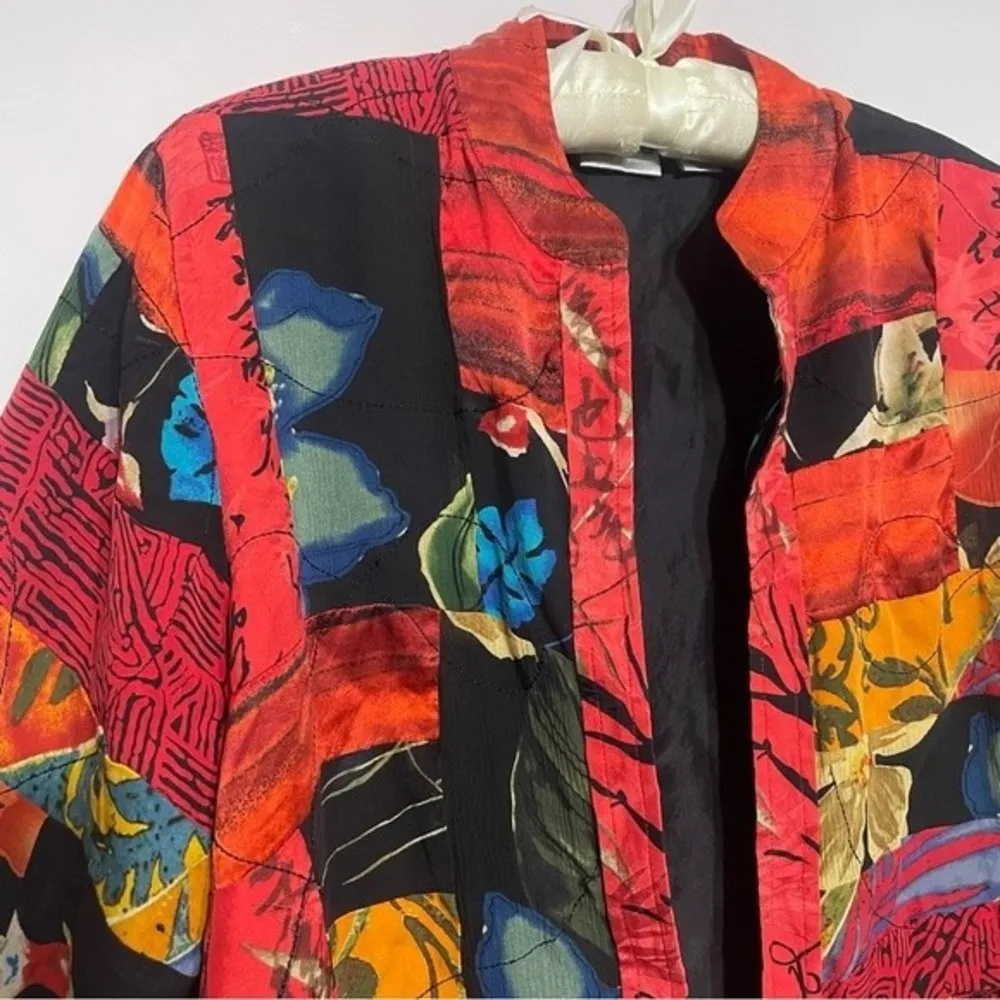 Chico's Silk Boho Patchwork Embroidered Open Front Peplum Jacket Cardigan - Image 4
