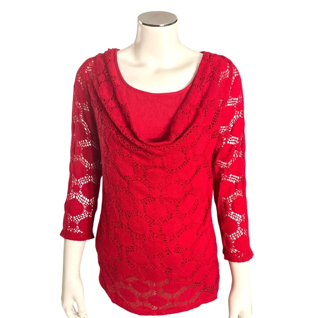 Chicos Size 0 Red Crochet Knit Cowl Neck Sweater Blouse Layered Fit Boho Core - Image 2