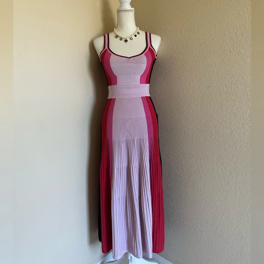 Elliatt Virgo Pink Red Pleated Knit Maxi Dress Gown Sz S Contrast Panel Glitter - Image 3