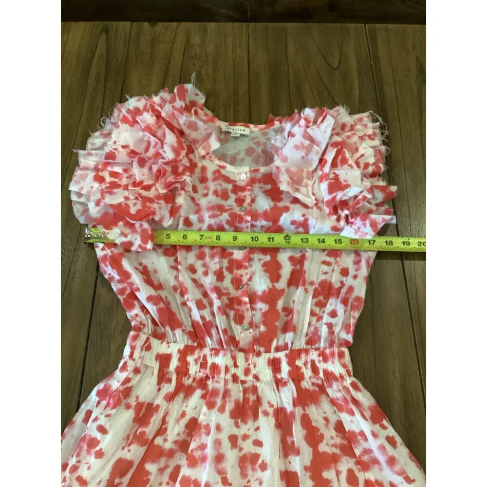 Stellah Ruffle Tiered Mini A Iine sun Dress Button Front Cotton Red white S - Image 4