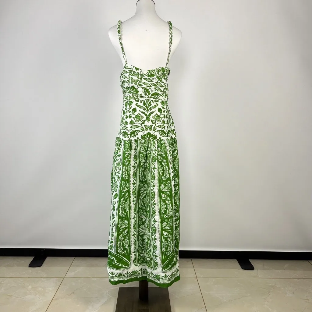 NWOT Farm Rio Floral Delicate Tapestry Linen Drop-Waist Midi Dress Size XS Green - Image 11