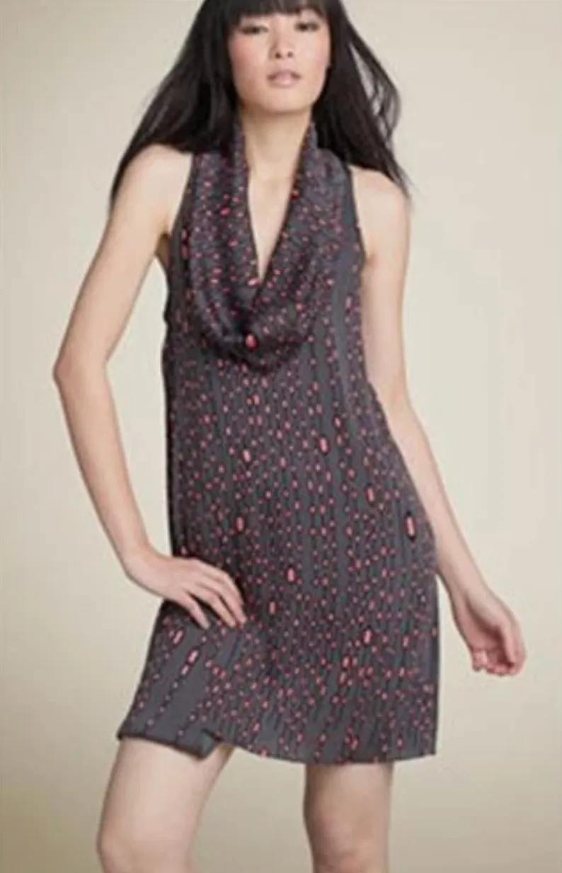 Anthropologie Twinkle Wenlan Gray Pink Silk Cowl Neck Twee Short Mini Dress S - Image 2