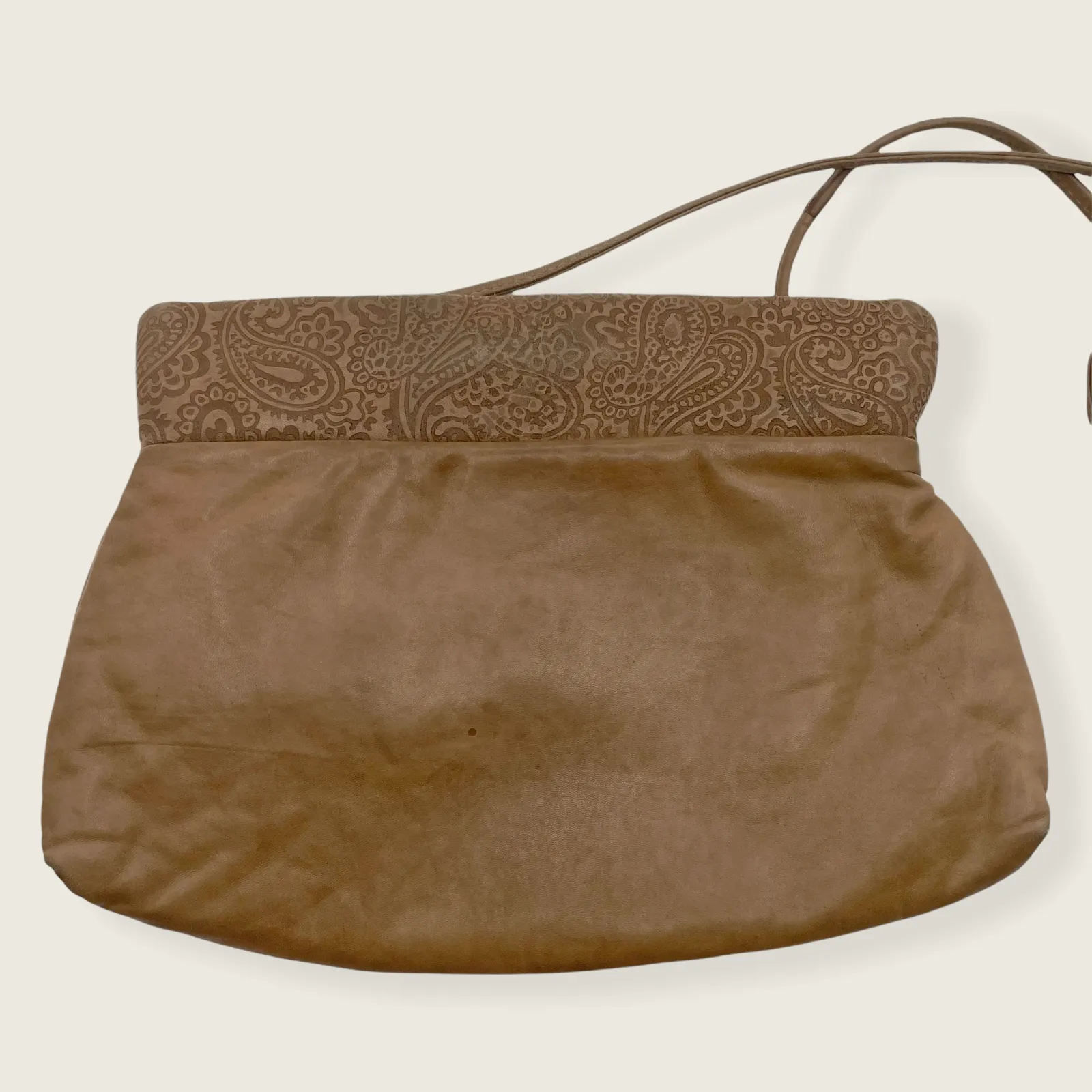 Saddle River Brown Faux Leather Paisley Flower Applique Frame Crossbody Bag - Image 2