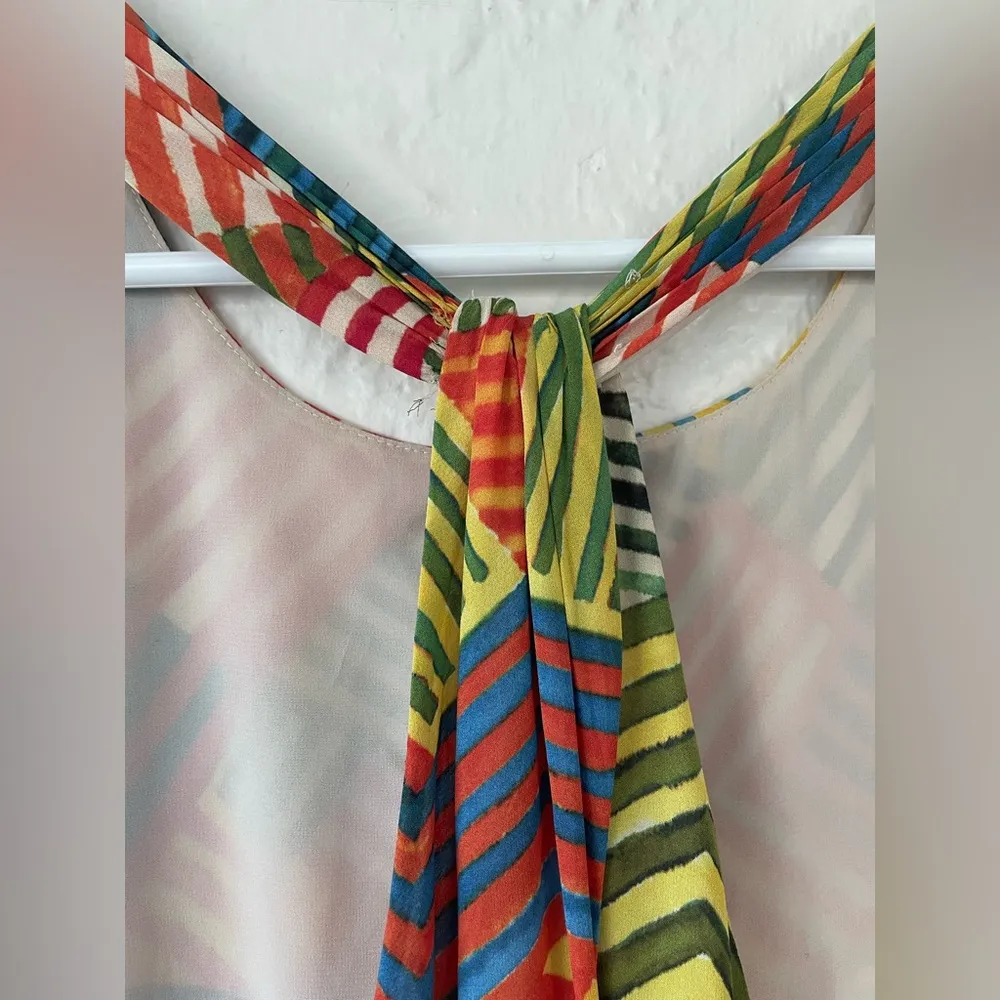 Alice + Olivia Geometric Stripe Dress Mini Halter Multicolor Print Shift; size L - Image 4