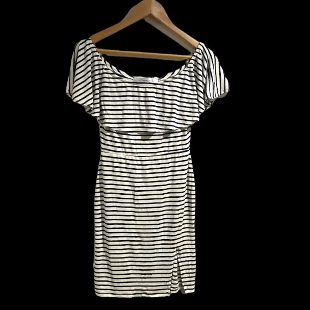 Lovers + Friends dress navy blue‎ white striped off the shoulder small stretch - Image 3