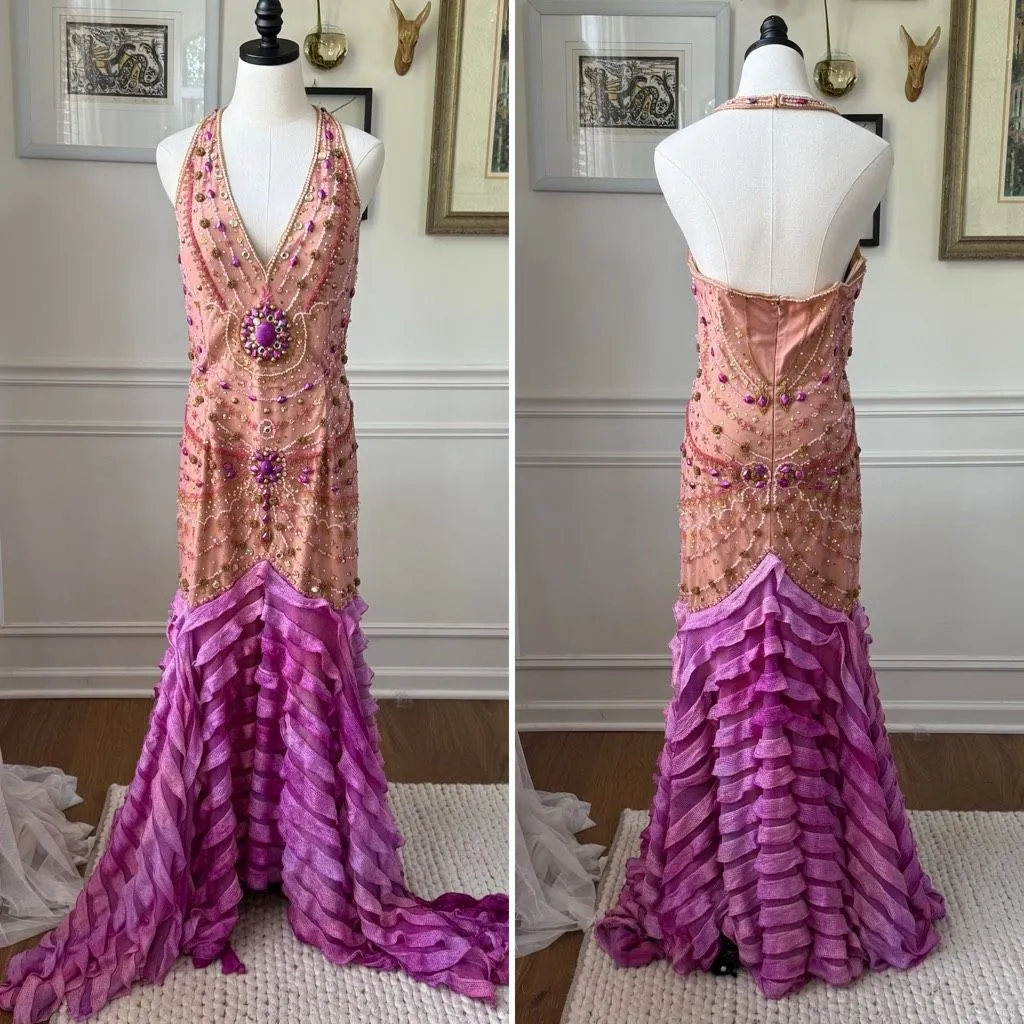 Sherry Haute Couture Halter Formal Gown Beaded Bling Blush Orchid $500 16 Tan - Image 2