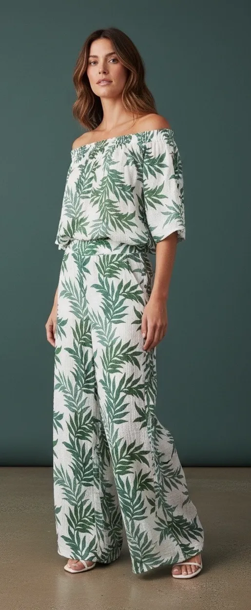 JOYSPLN Women's Tropical Leaf Print Off Shoulder Top Wide Leg Pants Set S White Size undefined - Image 1