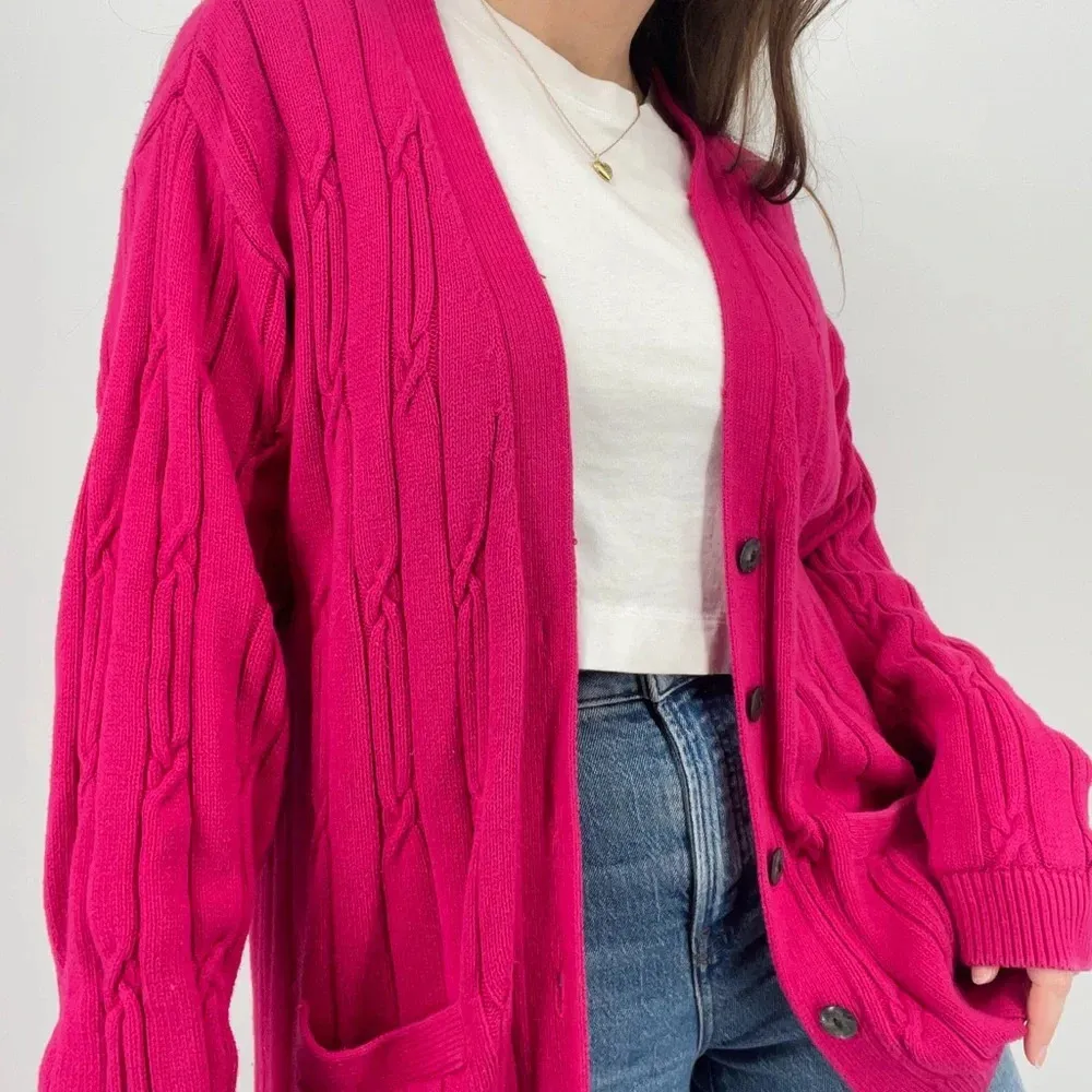 vintage coastal cowgirl hot pink slouchy cable knit cardigan sweater size L Size L - Image 2