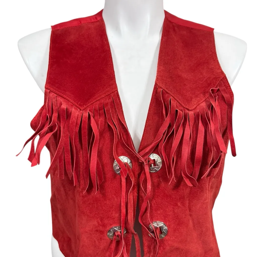 Vintage Y2K Rock Creek Red Suede Fringe Vest Women’s L Concho Western Size L - Image 2