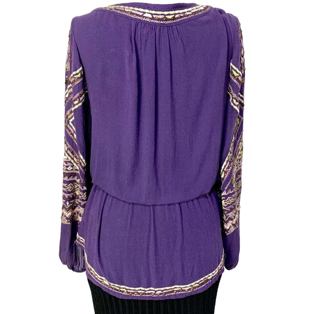Free People Stitch Up Your Heart Purple Embroidered Faux Wrap Top Boho Chic S - Image 7