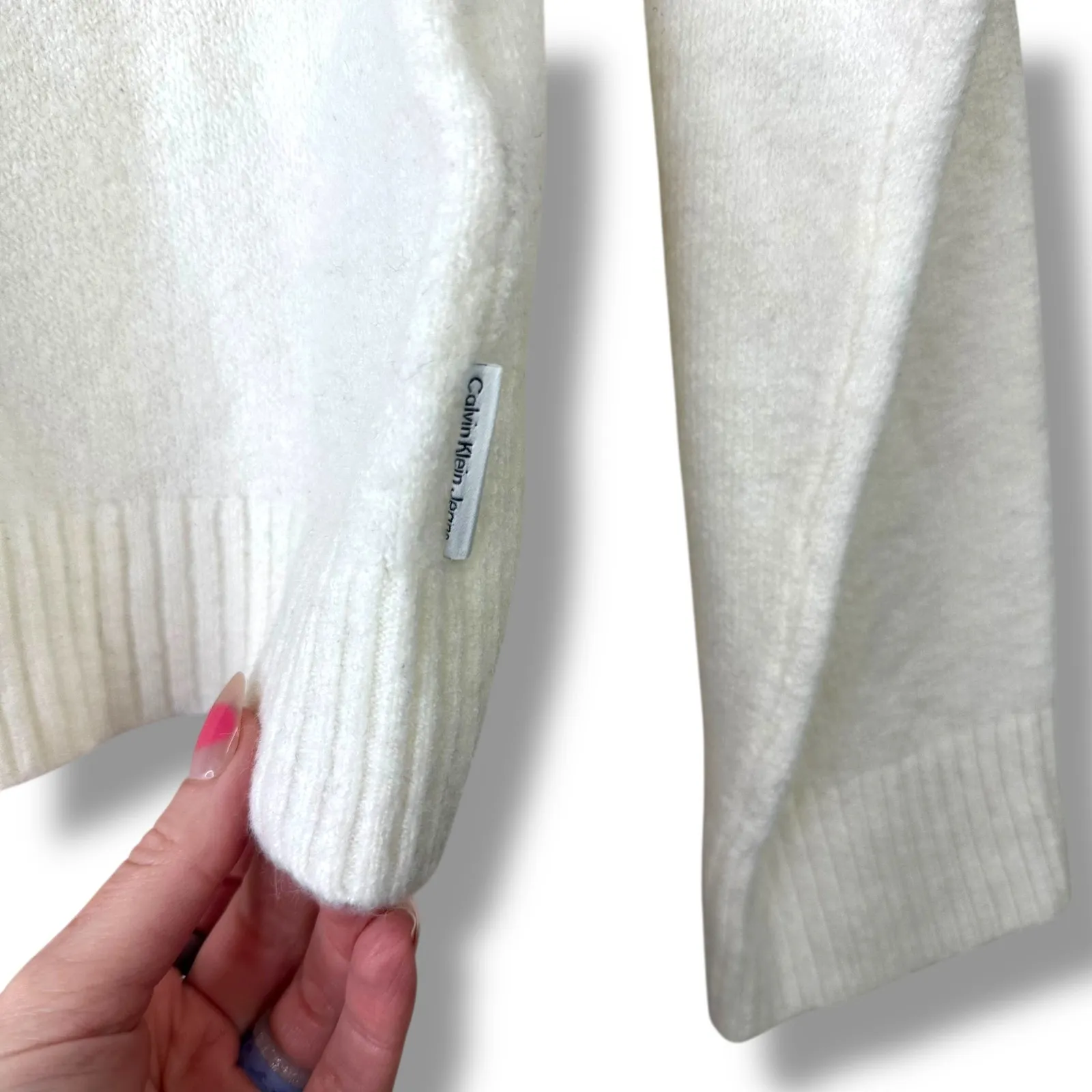 Calvin Klein Jeans Cream Ribbed Oversized Mock Neck Wide Sleeves Sweater Small - Image 3