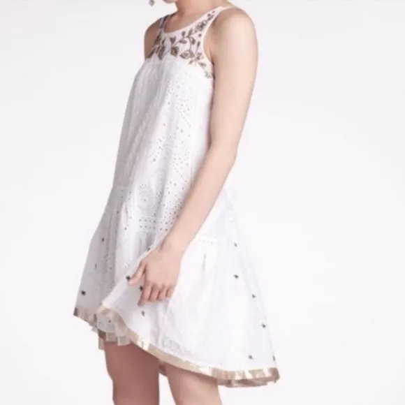 Anthropologie Leifnotes White Eyelet Gold Trim Beaded Sleeveless Dress Size 2‎ - Image 2