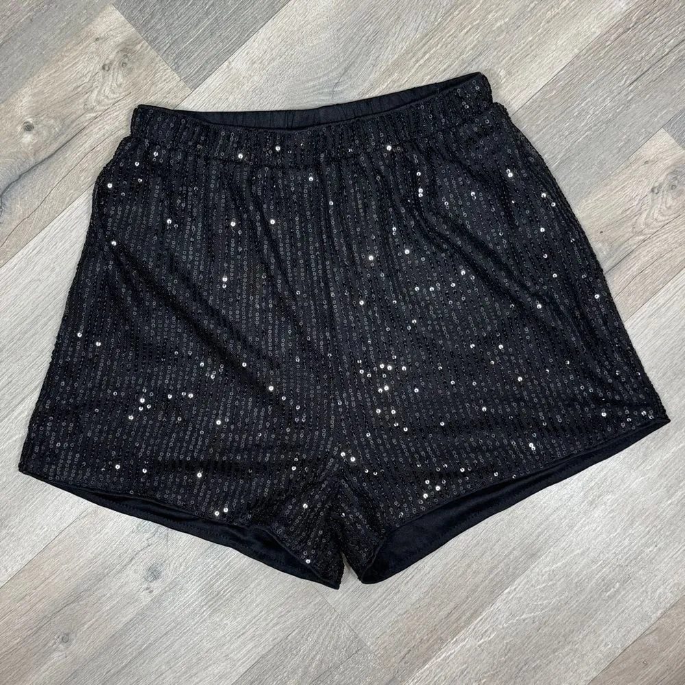 Sequin Elastic Waist Pull On Shorts Black Size Small Party Cocktail High Rise - Image 3