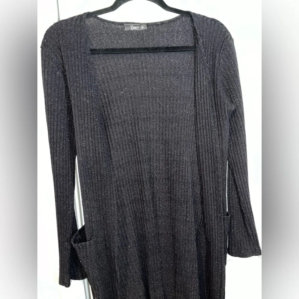 Black Ribbed Stretchy Long Sleeved Cardigan Duster Length Size Large - Image 3