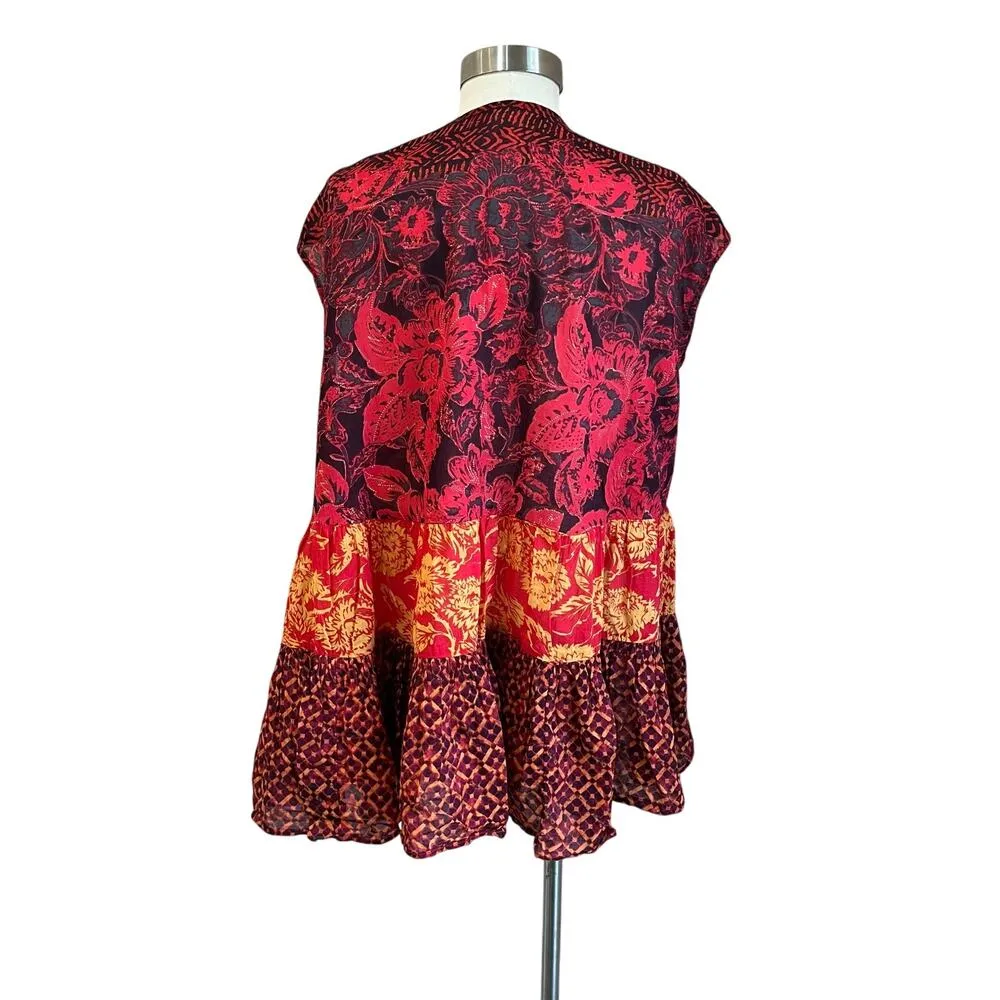Free People Boho Red Warm Tones "Gotta Have You" Tiered Tunic Blouse Size XS - Image 3