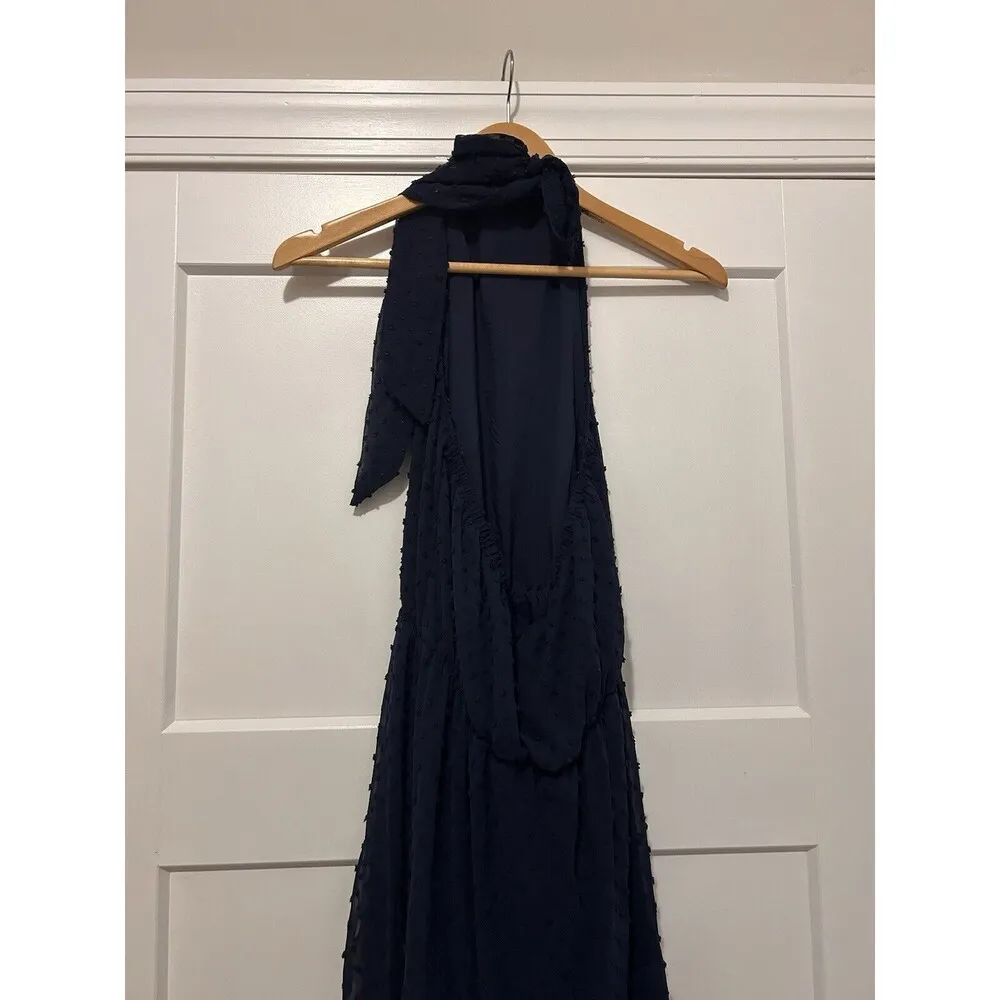Pretty Garden Halter Backless Maxi Dress Women’s Size Medium Navy Blue Lined Dot - Image 6