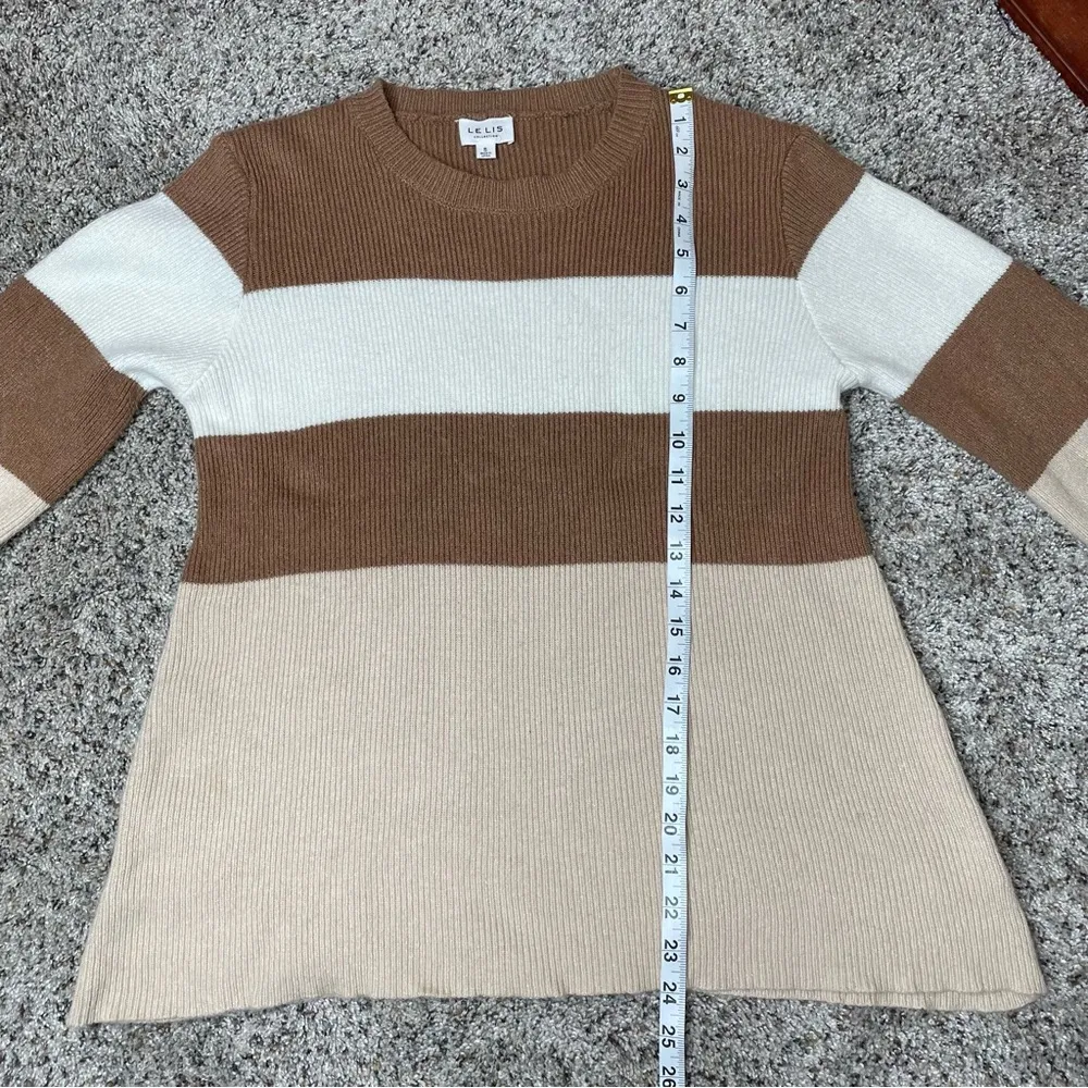 Brown White Tan Striped Colorblock Balloon Sleeve Crewneck Sweater Small - Image 9