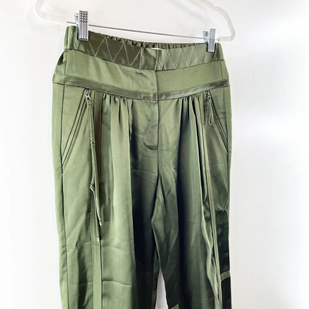 Halston Heritage Satin High Waisted Tapered Leg Joggers Pants Dark Forest Green - Image 5