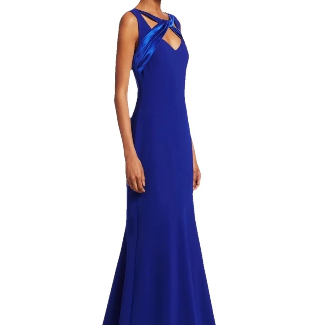 Theia Cobalt Smooth‎ Mermaid Sleeveless Crepe Gown w/ Satin Crisscross Size 8 Blue - Image 12