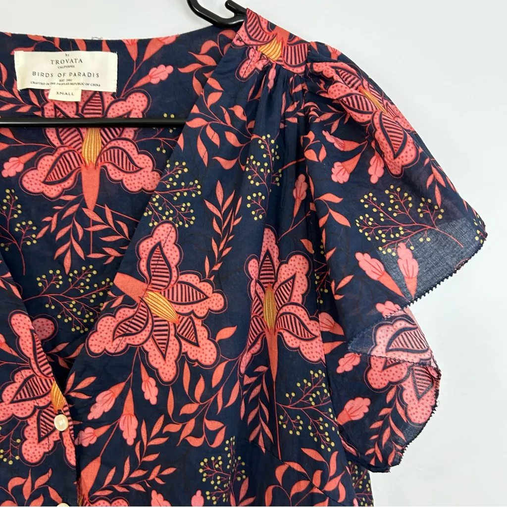 Trovata Birds of Paradis Kristi Pink Geranium Floral Ruffle Midi Dress Small Blue - Image 8