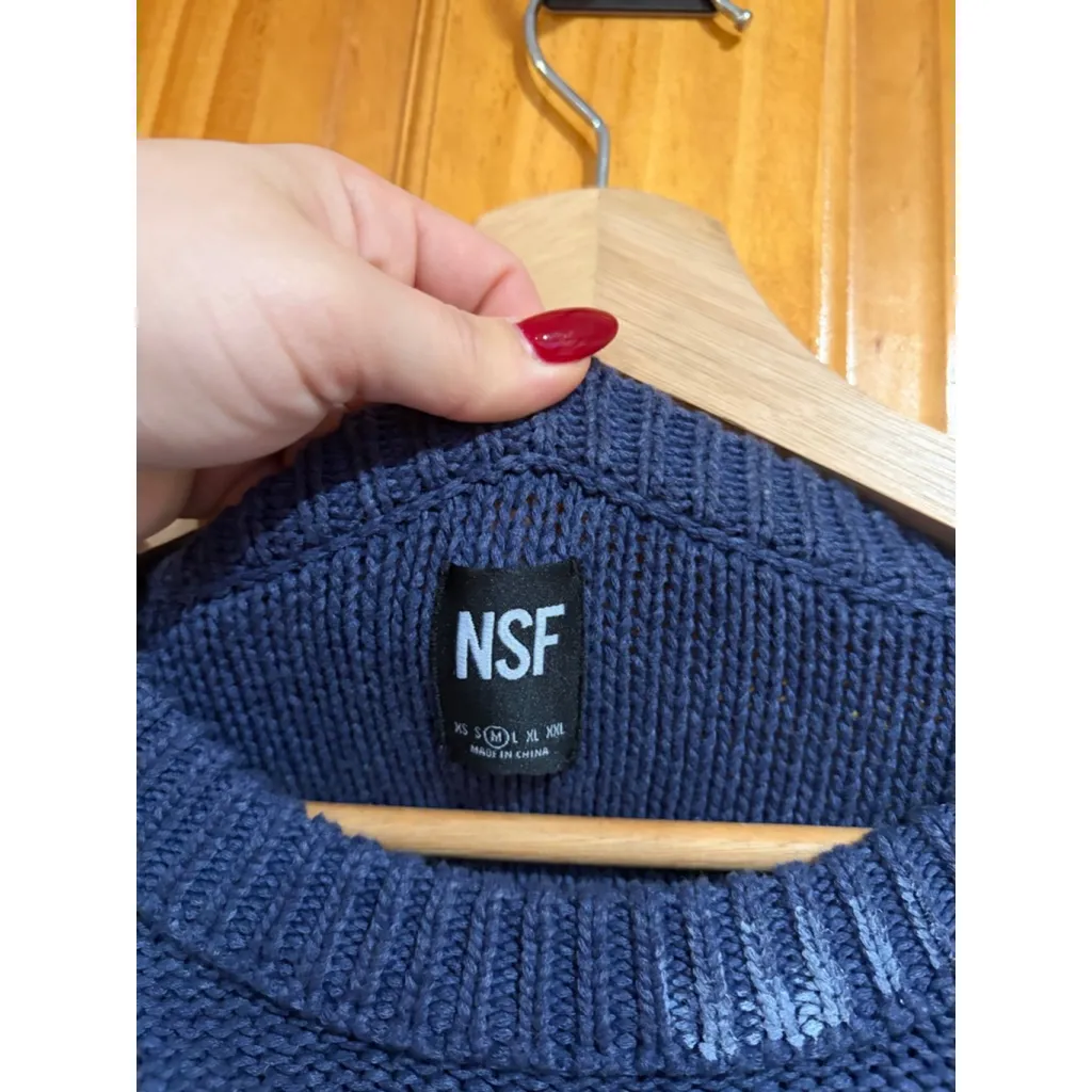NSF Navy Knit Crewneck Sweater Distressed Paint Splatter Size Medium Blue - Image 2