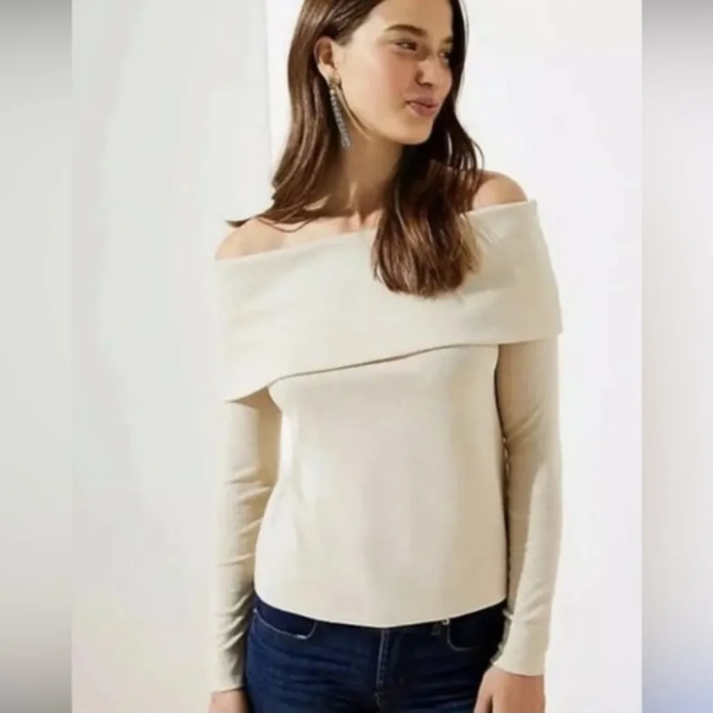Loft Knit Off Shoulder Tan Oat Cotton Long Sleeve Elegant Sweater Lightweight M - Image 3