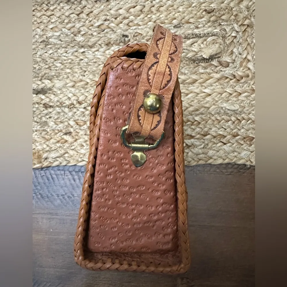 Vintage Hand Tooled Leather Stamped Handle Handbag Purse Western Boho Mexican - Image 9