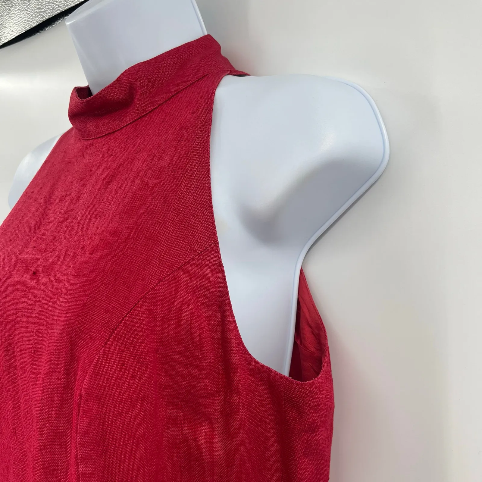 Vtg Y2K Morgan Taylor Linen Dress Sz 6 Red Mock Neck Halter Maxi Gala Minimalist - Image 12