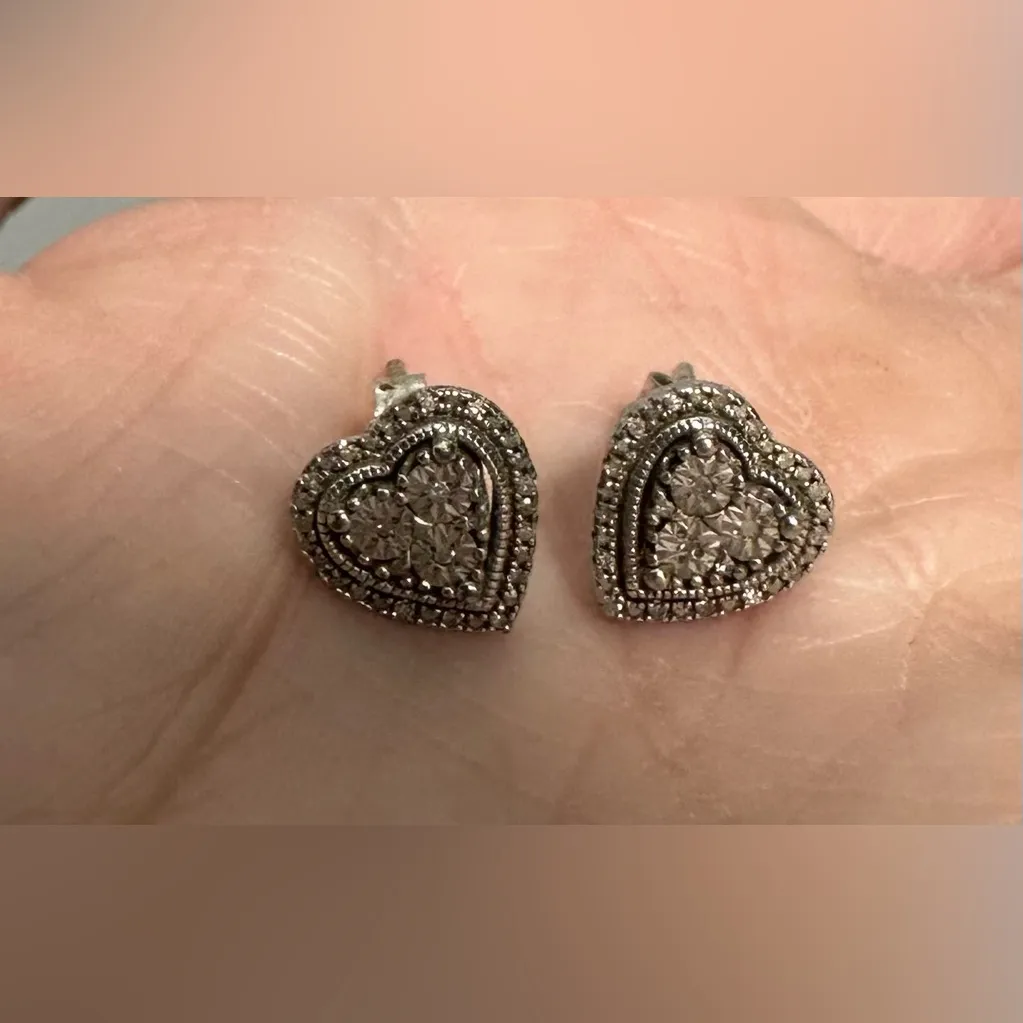 Diamond Heart Earrings 1/10 ct tw Sterling Silver 925 - Image 2
