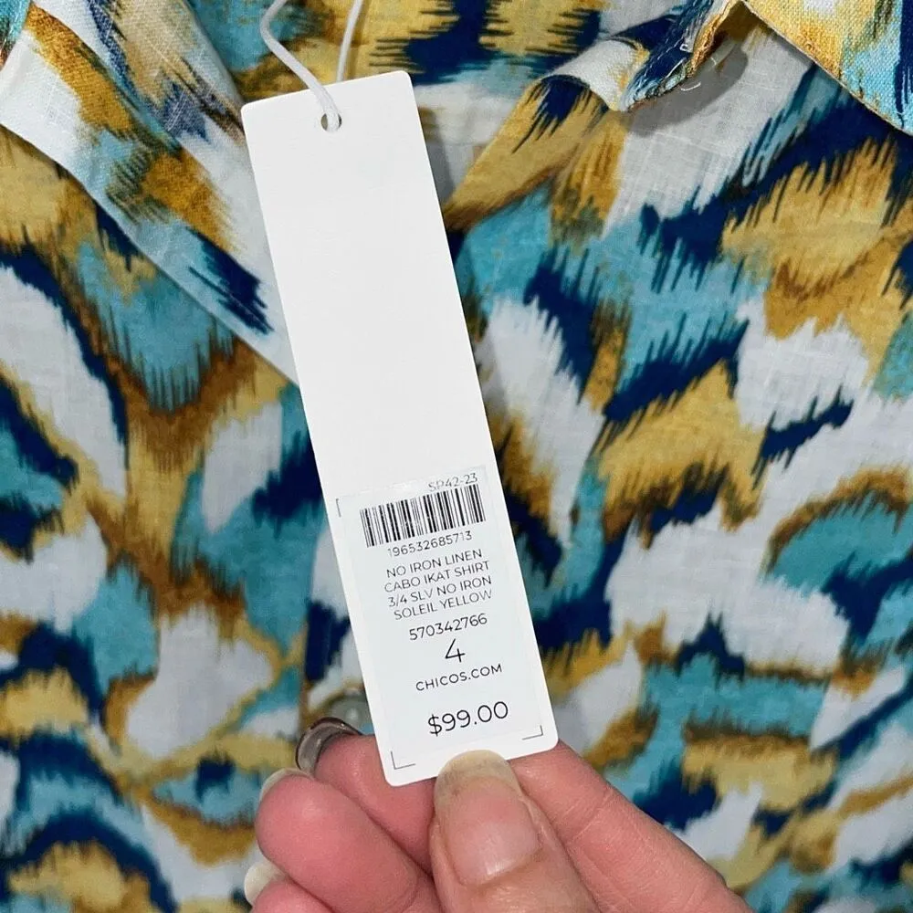 Chico's Womens‎ Cabo Ikat 3/4 Sleeve No Iron Button Up Shirt Soleil Yellow 4 NWT - Image 5