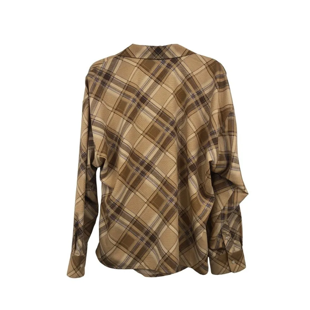 Lauren Ralph Lauren Wrap Blouse Womens 1X Used Plaid Brown Tan Periwinkle - Image 2