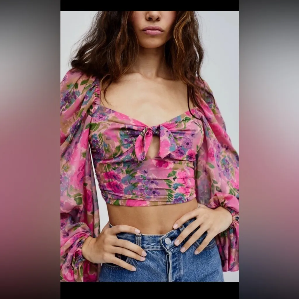 NWT For Love & Lemons Trisha Tie Front Printed Pink Crop Top XS - Image 4